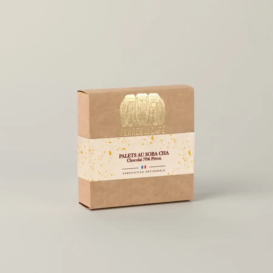 Cacao de spécialité | Boîte Palets de chocolat 70% AU SOBA CHA 100G | Vente en Ligne