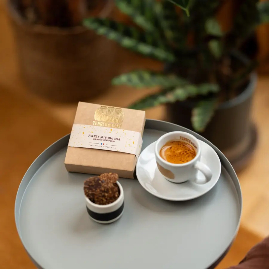 Cacao de spécialité | Boîte Palets de chocolat 70% AU SOBA CHA 100G | Vente en Ligne