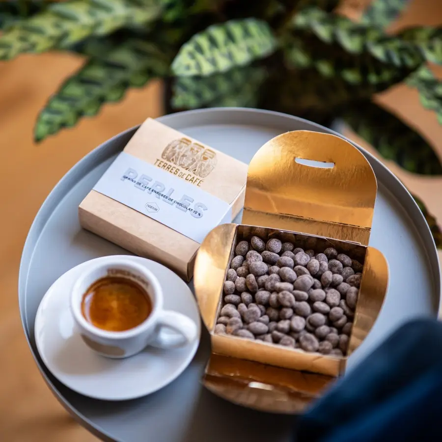 Cacao de spécialité | Perles - Boîte grains de café enrobés de chocolat 70% | Vente en Ligne
